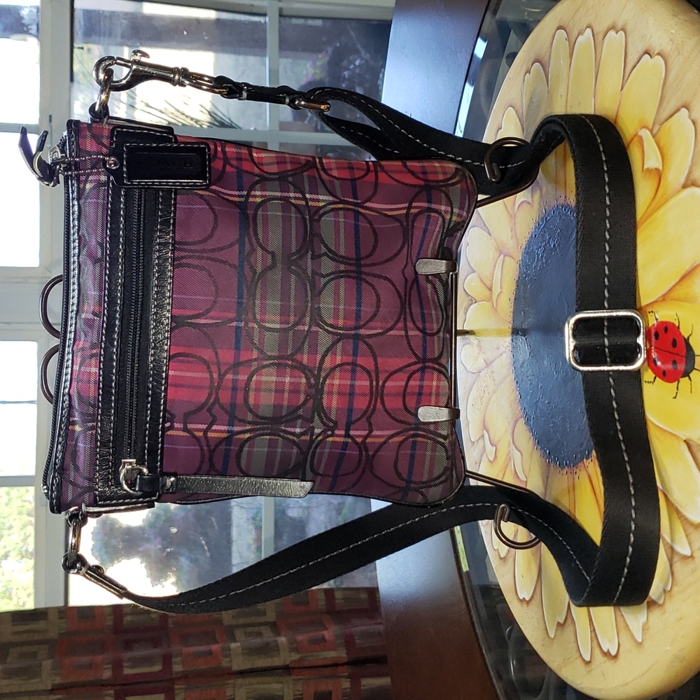 💘💘COACH SIGNATURE JACQUARD PLAID C  LEATHER CROSSBODY TOTE BAG